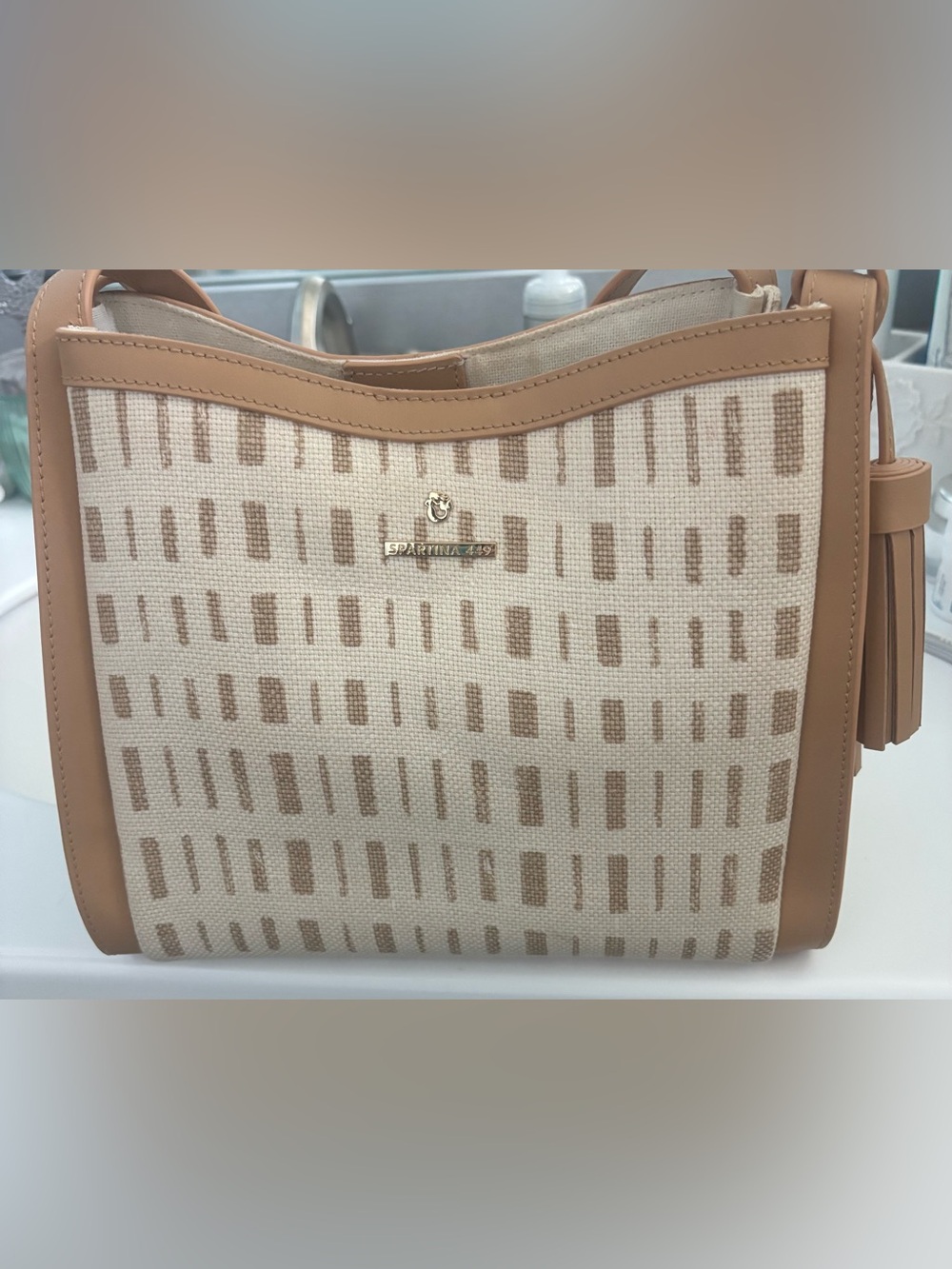 Spartina 449 Beige and Tan Patterned Canvas Tote like new
